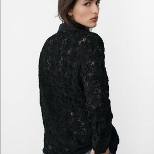 Zara Elegant Black Lace Blouse 51% Linen 49% Cotton